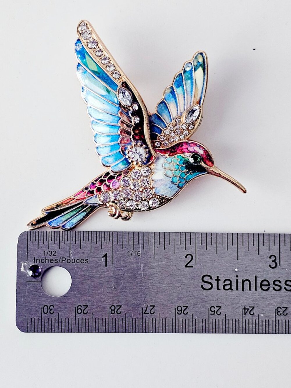 Blue Enamel & Rhinestone Hummingbird Brooch - Picture 7 of 8